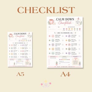 K&ouml;nnte beinhalten: Zwei Calm Down Checklist-B&ouml;gen in den Gr&ouml;&szlig;en A5 und A4. Jeder Bogen zeigt eine rosa Tasse, Stimmungssymbole und zehn nummerierte Schritte zur Bew&auml;ltigung von &Uuml;berforderung, wie Atmen, Wassertrinken und Musikh&ouml;ren, mit K&auml;stchen zum Ankreuzen.