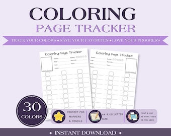 Coloring Page Tracker Printable A4 US Letter | Coloring Book Tracker | Color Swatch Sheet | Left Right Layout | Instant Download