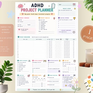 May include: A printable ADHD project planner page featuring sections for project overview, check-in, success criteria, and a task breakdown table. The document includes fields for goals, deadlines, resources, and reflection, with colorful icons and text.
