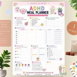 May include: A printable ADHD meal planner sheet featuring a colorful layout with sections for weekly goals, meal priorities, guidelines, a seven-day meal plan grid, a grocery list, meal prep plan, check-in, and notes, decorated with cute illustrations.