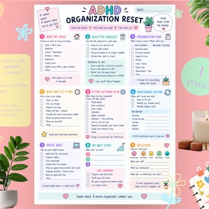 Könnte beinhalten: Eine weiße ADHD Organization Reset Checkliste auf Papier mit bunten Überschriften, nummerierten Abschnitten von eins bis neun, Kontrollkästchen und Textaufforderungen. Das Dokument enthält Pastellakzente, kleine Symbole und einen rosa Hintergrund.