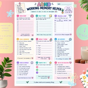 May include: A printable ADHD working memory helper planner page with nine numbered sections including Brain Dump, Hold It Here, Process & Sort, Visual Reminders, Break It Down, Use Supports, Check & Refresh, Today's Top 3, and End of Day Reflection.