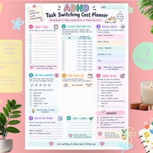 Può includere: Un documento stampabile ADHD Task Switching Cost Planner con otto sezioni per l'organizzazione quotidiana, inclusi elenchi di attività, stime dei costi di commutazione e pianificazione del flusso, con intestazioni e icone color pastello.