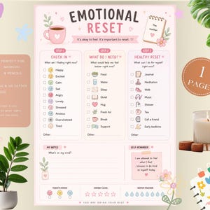 May include: A printable Emotional Reset worksheet featuring three steps for self-care, including a mood check-in, needs assessment, and healthy reset activities. The document includes sections for notes, a self-reminder, mood, energy, and water tracking.
