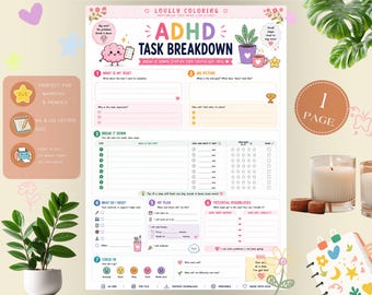 May include: A printable ADHD task breakdown worksheet featuring a colorful layout with sections for task definition, goal setting, step-by-step planning, resource needs, scheduling, and roadblock management, decorated with small illustrations of a brain and plant.