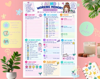 ADHD Working Memory Refresh Printable | Memory Support & Organization Worksheet | Executive Function PDF