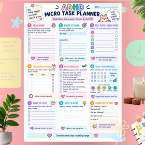 May include: A printable ADHD micro task planner sheet featuring nine numbered sections for organizing daily goals, including brain dump, task breakdown, time blocking, focus boosters, progress tracking, and reflection areas with colorful icons.