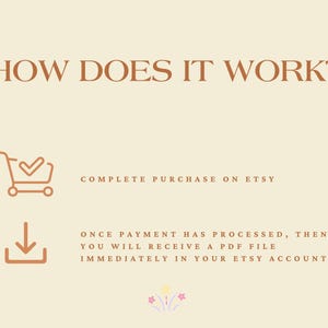 K&ouml;nnte beinhalten: Eine hellbeige Infografik mit braunem Text, der HOW DOES IT WORK? lautet, gefolgt von einem Einkaufswagen-Symbol mit H&auml;kchen und dem Text COMPLETE PURCHASE ON ETSY sowie einem Download-Symbol mit Text zum Erhalt einer PDF-Datei.