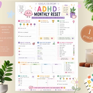 Può includere: Una pagina di pianificazione mensile ADHD stampabile con sezioni colorate per check-in mensili, obiettivi, piani d'azione e cura di sé. Il documento include intestazioni di testo come ADHD MONTHLY RESET, passaggi numerati e varie icone.