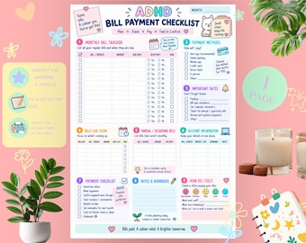 ADHD Bill Payment Checklist Printable | Monthly Bill Tracker & Payment Planner | Budget PDF