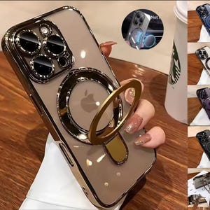 Luxury MagSafe Clear Case iPhone 17 16 15 14 13 12 11 Pro Max, Shockproof Magnetic Ring Stand, Acrylic Cover with Camera Lens Protector Gift
