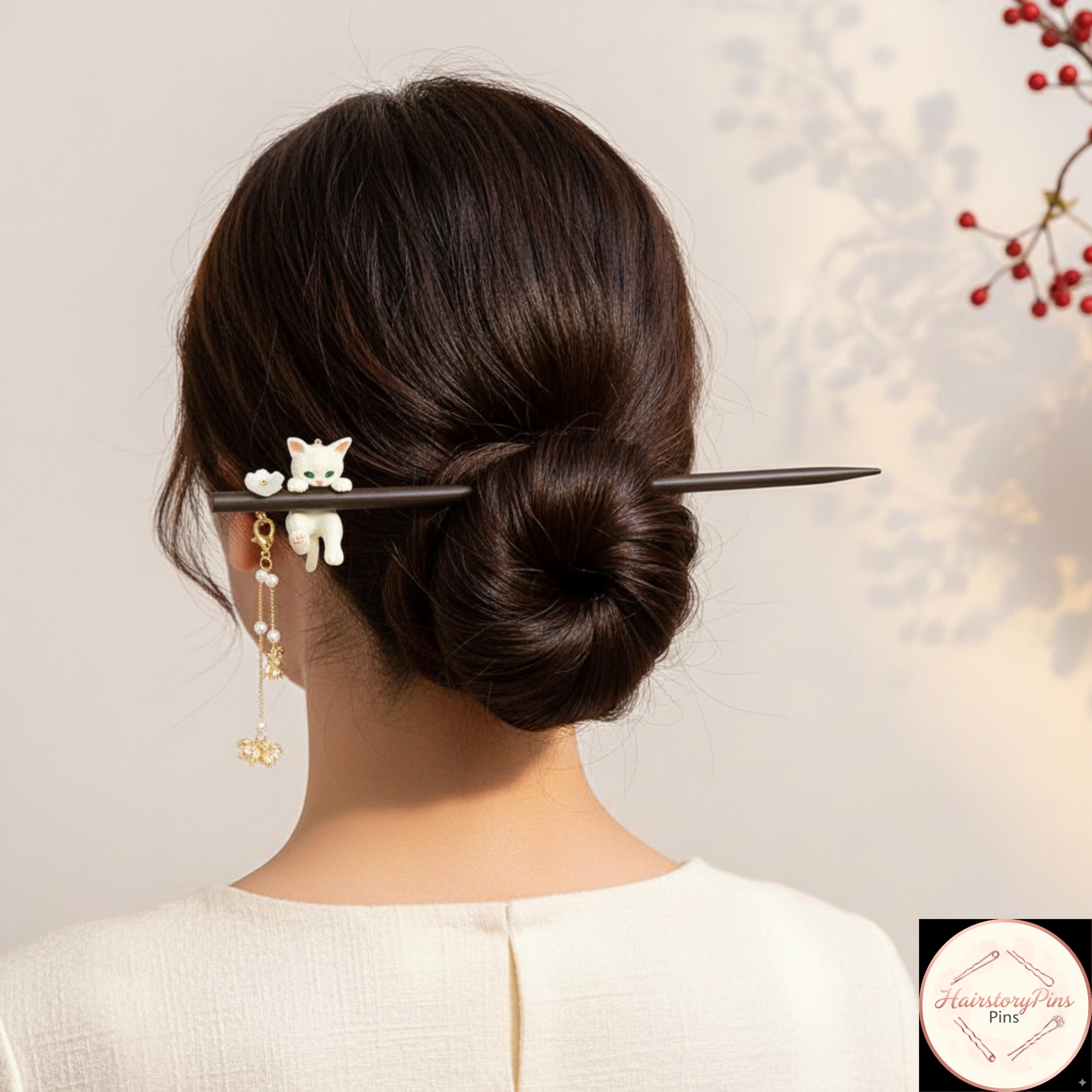 Vintage Handcrafted Natural Ebony Hair Chopsticks with Enamel Peony Pearl Chinese Hair Sticks - Etsy Finland main image 3