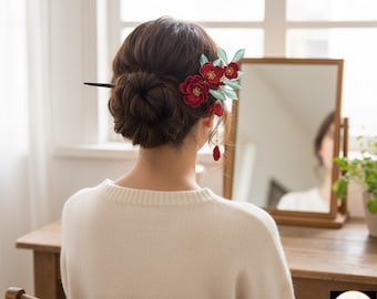Chinese Wood Hair Sticks for Women – Handmade Luxury Red Flower Hairpins, Wedding Party Head Jewelry Accessory