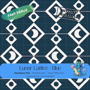 Lunar Lattice – Deep Blue, celestial moon pattern, geometric boho stars, seamless digital design, hand drawn png file, printable art