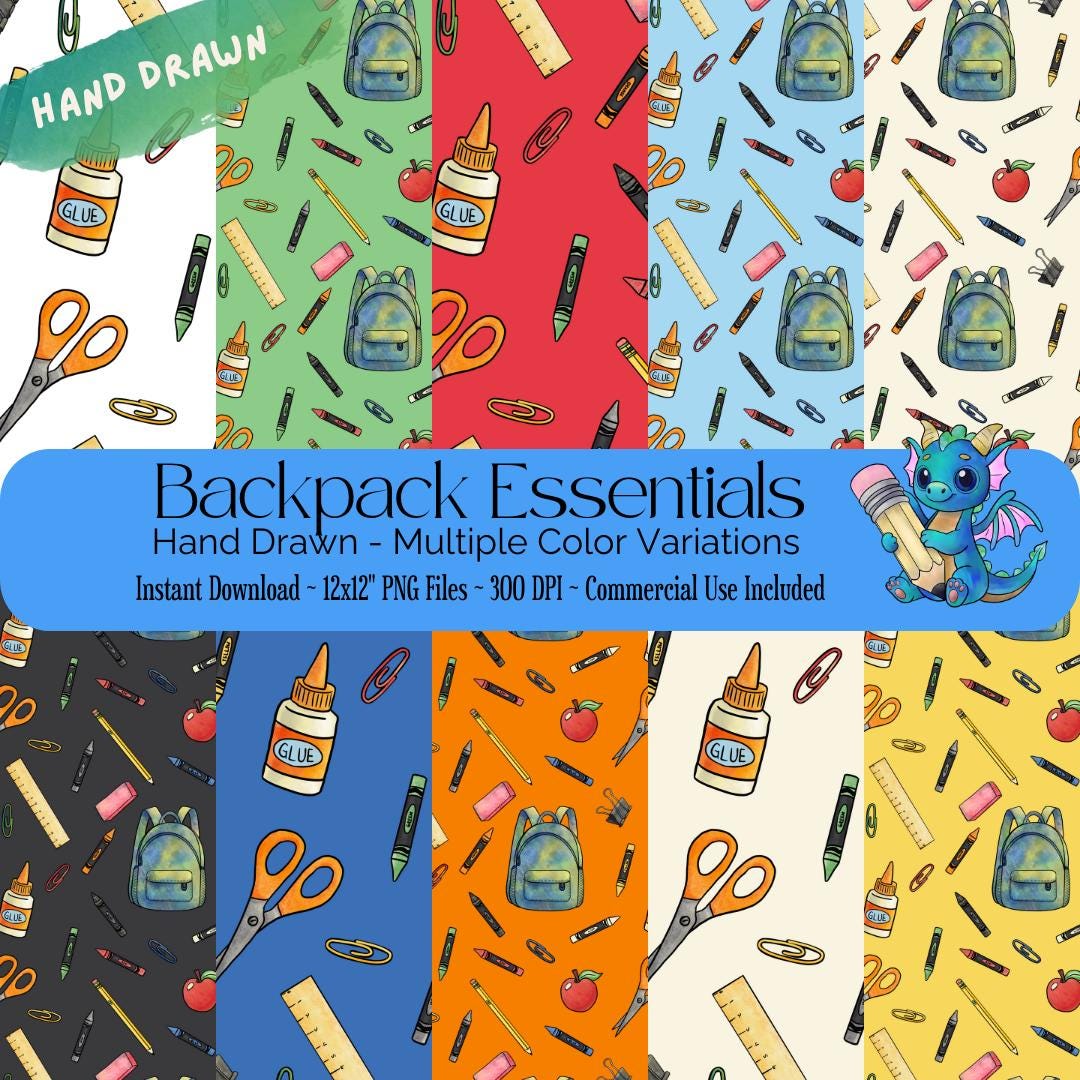Backpack Essentials Seamless Pattern – School-themed Digital Paper for ...