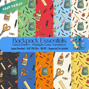 Backpack Essentials Seamless Pattern – School-Themed Digital Paper for Sublimation & Crafts