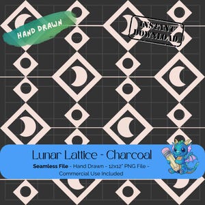 Lunar Lattice seamless file, blush moons on charcoal png, celestial lattice pattern, moon phase digital art, geometric sublimation tile