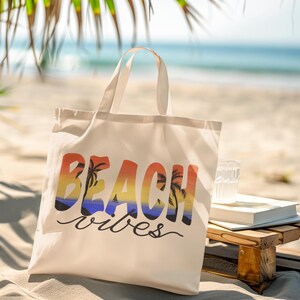 Beach Vibes Tote Bag - Sunset Palm Tree Design, Coastal Aesthetic, Summer Beach Bag, Vibrant Tropical Print in 3 Sizes