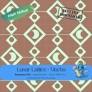 Lunar Lattice – Mocha, mint moon pattern, boho moon phase grid, celestial printable design, seamless png tile, hand drawn art file