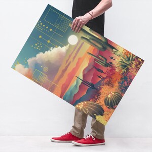 Vivid Desert Dream Sunset Matte Vertikales Poster - Bunte Kaktus-Wandkunst für Wohnkultur