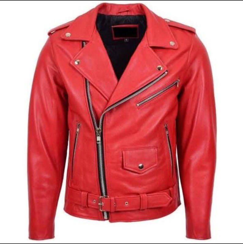 Men’s Red Leather Biker Jacket Classic Motorcycle Style With Zipper — free download