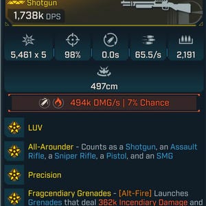 May include: A digital display showing a shotgun's stats, including "Frangible Bod" and "Shotgun." The image includes numerical data for damage, accuracy, and other performance metrics. The text also includes "All-Arounder" and "Fragcendiary Grenades."