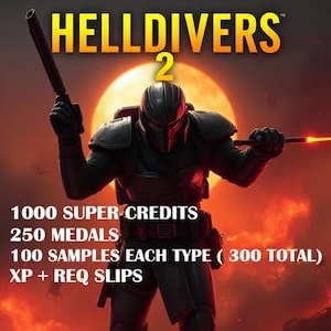 Könnte beinhalten: Werbebild für "HELLDIVERS 2" mit einem futuristischen Soldaten in dunkler Rüstung vor einem feurigen Hintergrund. Der Titel des Spiels steht oben, darunter Text mit In-Game-Belohnungen: 1000 Super Credits, 250 Medaillen, 100 Samples und XP + REQ Slips.