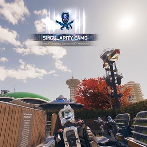 Puede incluir: Una perspectiva en primera persona de una escena de videojuego bajo un cielo nublado. Se muestra el texto "SINGULARITY CAMO", con un gr&aacute;fico encima. La escena incluye estructuras futuristas, vegetaci&oacute;n y un sol brillante.