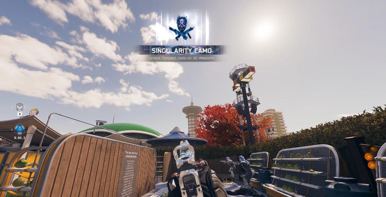 Puede incluir: Una perspectiva en primera persona de una escena de videojuego bajo un cielo nublado. Se muestra el texto "SINGULARITY CAMO", con un gr&aacute;fico encima. La escena incluye estructuras futuristas, vegetaci&oacute;n y un sol brillante.