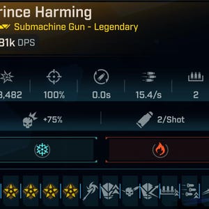 May include: A digital display showing the stats for a "Prince Harming" submachine gun. The display includes damage per second (DPS), various stats, and icons representing different weapon attributes. The text "Legendary" is also visible.