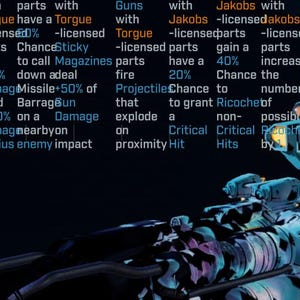 May include: A detailed image of a futuristic assault rifle, the "Performative Oscar Mike," with a unique blue and purple camouflage pattern. The weapon has various attachments and text details, including a measurement of 83cm. The image is from a video game.