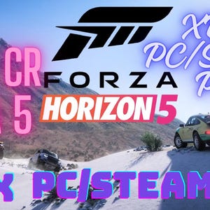 May include: A digital graphic for Forza Horizon 5 featuring off-road vehicles on a sandy landscape with mountains in the background. Text includes 200M CR, FORZA HORIZON 5, and XBOX PC/STEAM PS5 in various colors and fonts against a bright sky.