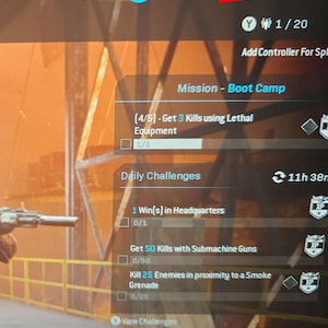 May include: Screenshot of a video game interface displaying in-game currency, player level, and mission objectives. The screen shows a mission to get 3 kills using lethal equipment. Daily challenges are also listed.