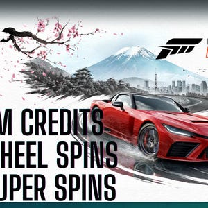以下が含まれることがあります： Forza Horizon 6のプロモーション画像。赤いスポーツカーが曲がりくねった道をレースしています。背景には、富士山、桜、街並みのある日本の風景が含まれています。テキストには「200M CREDITS、10K WHEEL SPINS、10K SUPER SPINS」と書かれています。