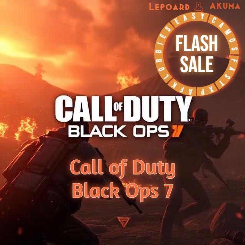 Puede incluir: Imagen promocional en tonos anaranjados para "Call of Duty: Black Ops 7". La imagen presenta dos figuras silueteadas sosteniendo armas, sobre un fondo de fuego. El texto incluye "FLASH SALE" y el t&iacute;tulo del juego.