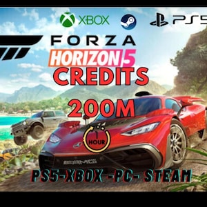 May include: An advertisement for Forza Horizon 5 credits. The image features a red sports car, the game's logo, and the text "CREDITS 200M" with a one-hour timer. Logos for Xbox, Steam, and PS5 are also present.