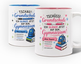 Personalisierte Abschied Grundschule Tasse mit Name | Tschüss Grundschule – Hallo Gymnasium | Geschenk Schulwechsel | Mädchen & Junge