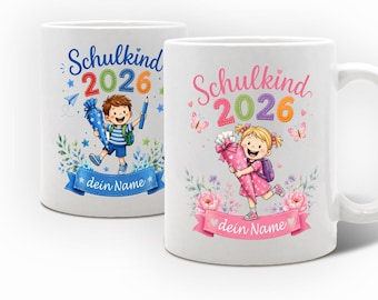 Personalisierte Schulkind 2026 Tasse mit Name – Geschenk zur Einschulung für Mädchen und Jungen, Kakaobecher Einschulung, in 4 Tassenfarben