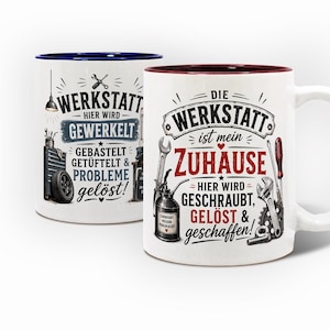 Könnte beinhalten: Zwei weiße Keramiktassen mit Werkzeugmotiven und deutschem Text. Die linke Tasse hat einen blauen Innenraum und Rand, die rechte Tasse einen dunkelroten Innenraum und Rand. Beide zeigen Illustrationen von Schraubenschlüsseln und Werkstattzubehör.