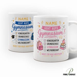 Personalisierte Einschulung Tasse Gymnasium | Geschenk zum Schulwechsel | Name personalisierbar | Rosa oder Blau | Geschenk zum Gymnasium