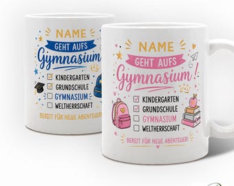 Personalisierte Einschulung Tasse Gymnasium | Geschenk zum Schulwechsel | Name personalisierbar | Rosa oder Blau | Geschenk zum Gymnasium