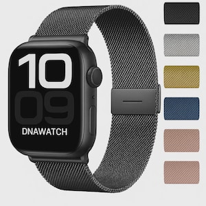 Op de afbeelding: Een zwarte smartwatch met een mesh band, met de tijd 10:09 en de tekst "DNAWATCH". De afbeelding toont ook een selectie vervangende bandjes in zwart, grijs, goud, blauw en twee tinten roze.