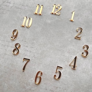 May include: A collection of gold-colored metal clock numbers arranged in a circular pattern. The numbers 1 through 12 are displayed, with a vintage-style background. The numbers are in a serif font.