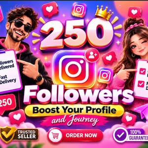 Puede incluir: Un gráfico digital que muestra a una persona con gafas de sol y a una persona con el pelo largo sosteniendo portapapeles con el texto Followers Delivered y Fast Delivery. El texto 250 Followers Boost Your Profile and Journey aparece con iconos de Instagram, corazones y un botón de Order Now.