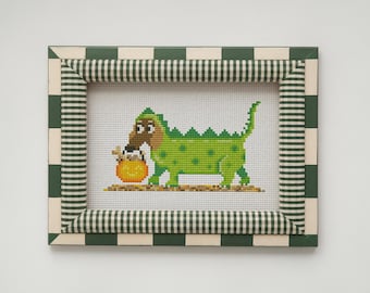 Dog dachshund in dinosaur costume, Halloween autumn cross stitch pattern,PDF Embroidery Design