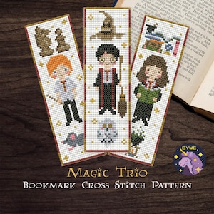 Wizard School Bookmark Cross Stitch Pattern | Fantasy Wizard Trio Bookmark | Magic Book Bookmark PDF
