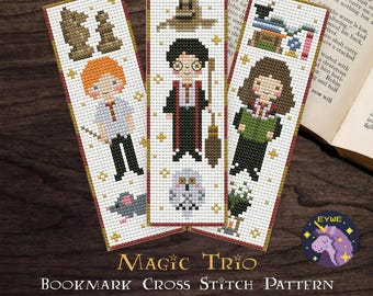 Wizard School Bookmark Cross Stitch Pattern | Fantasy Wizard Trio Bookmark | Magic Book Bookmark PDF