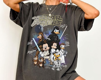 Retro Disney Star Wars Signature Shirt, Mickey and Friends Jedi Shirt, Disneyland Family Vacation Outfit, Sci-Fi Cartoon Graphic Tee