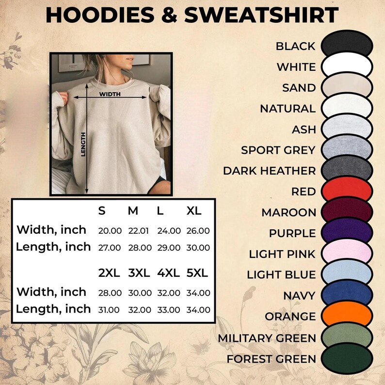May include: The image displays a beige sweatshirt with size and color options. The size chart shows measurements in inches for widths ranging from 20.00 to 34.00 inches and lengths from 27.00 to 34.00 inches. Color options include black, white, and navy.