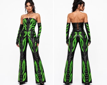 Combinaison bustier en cuir pour femme, pantalon large, style gothique, tenue de festival/rave, streetwear fait main